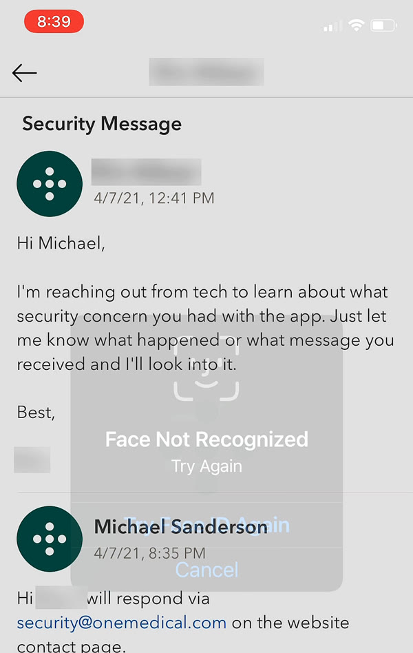 Screen recording frame: the Face Not Recognized dialog fading over the One Medical app’s Security Message thread, which should have been hidden. The staff member’s name is blurred.