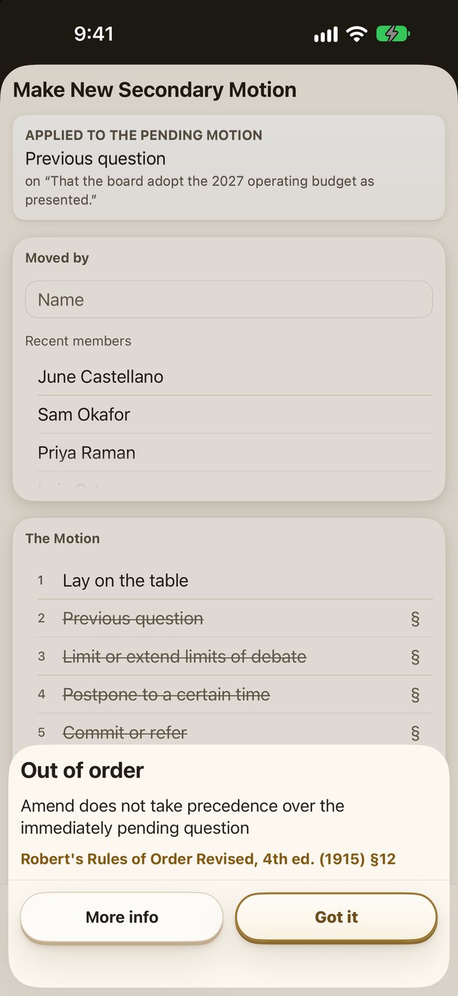 Robot’s Rules on iPhone: the verdict panel reads “Out of order: Amend does not take precedence over the immediately pending question,” citing Robert’s Rules of Order Revised, 4th ed. (1915) §12.